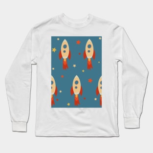 Retro Rocket Ships and Stars repeat pattern on blue background Long Sleeve T-Shirt